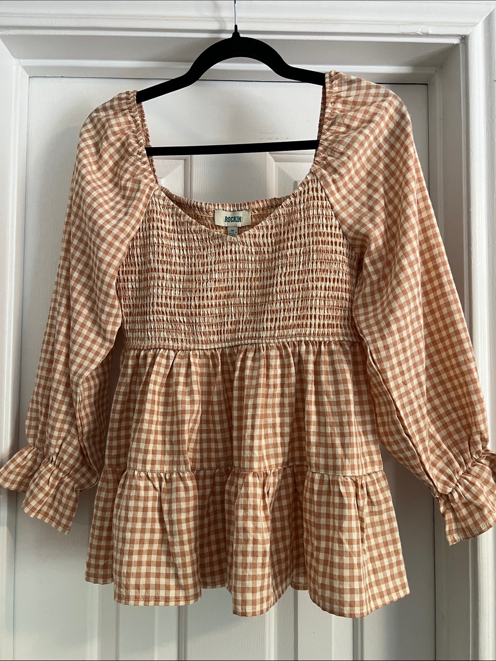 Tan & White Gingham Top
